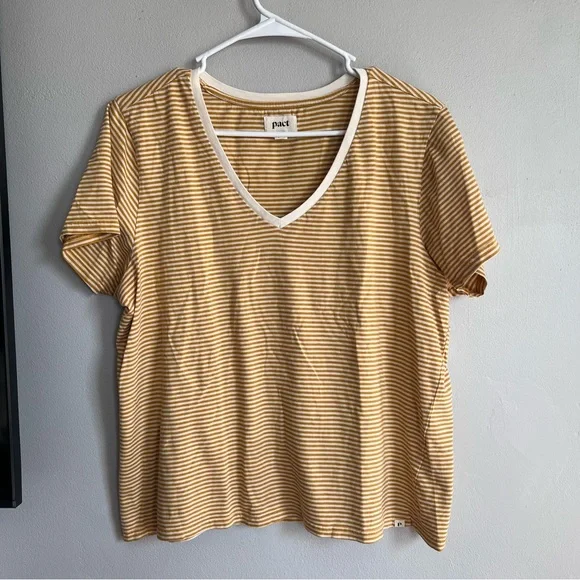 Pact Organic Softspun V-Neck Tee Cotton Mustard White Stripe XL - Picture 4 of 9